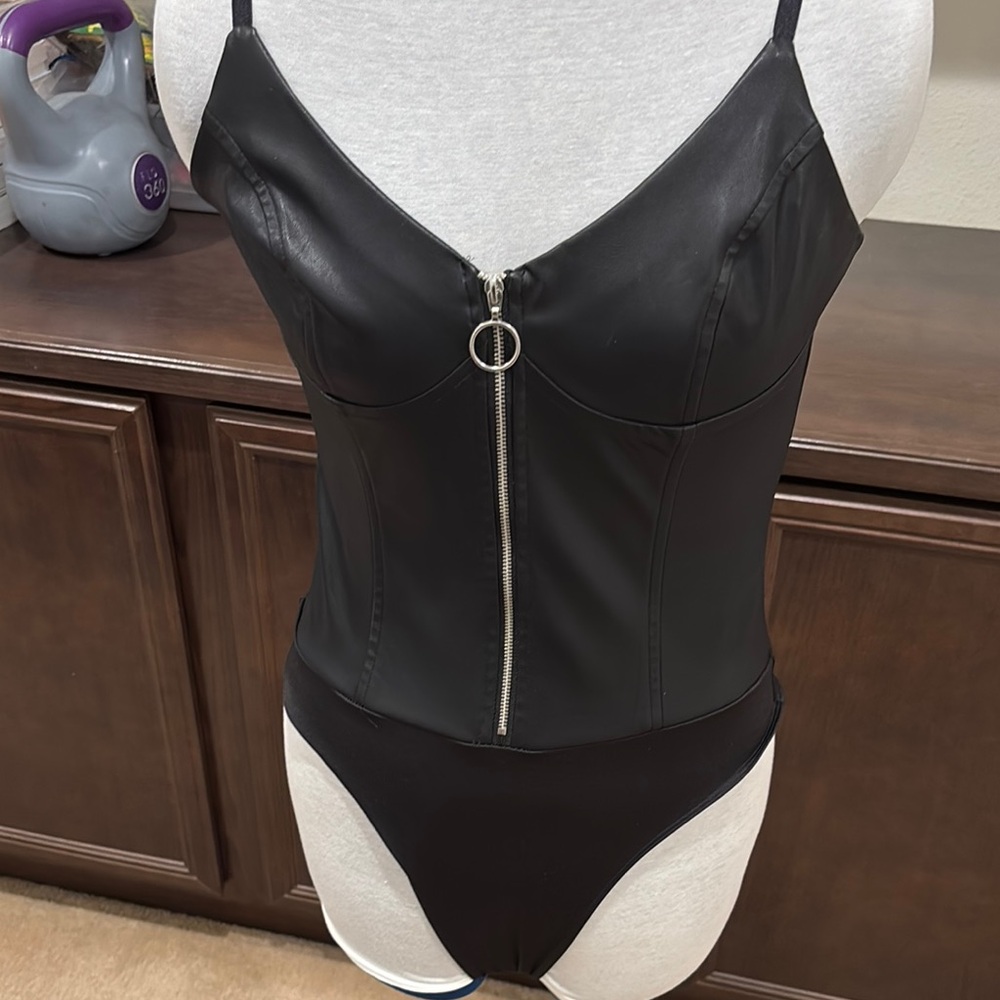 Black Faux Leather Zip-Up Bodysuit